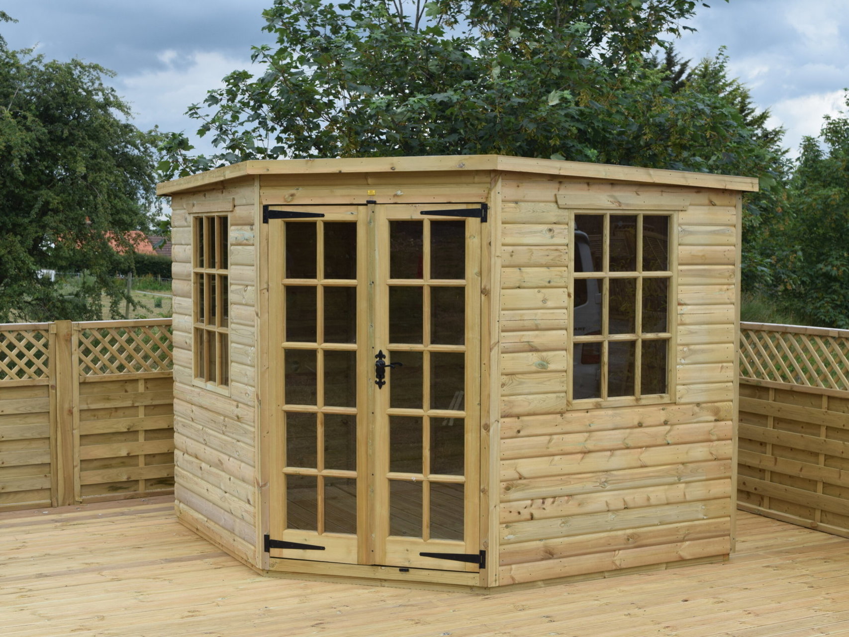 An image of a shed on a decking